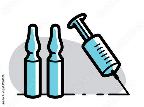 Vaccination theme vector illustration of a syringe with ampules isolated over white, epidemic or pandemic coronavirus covid 19 or flu or SARS or any other vaccine, pharmacology concept.