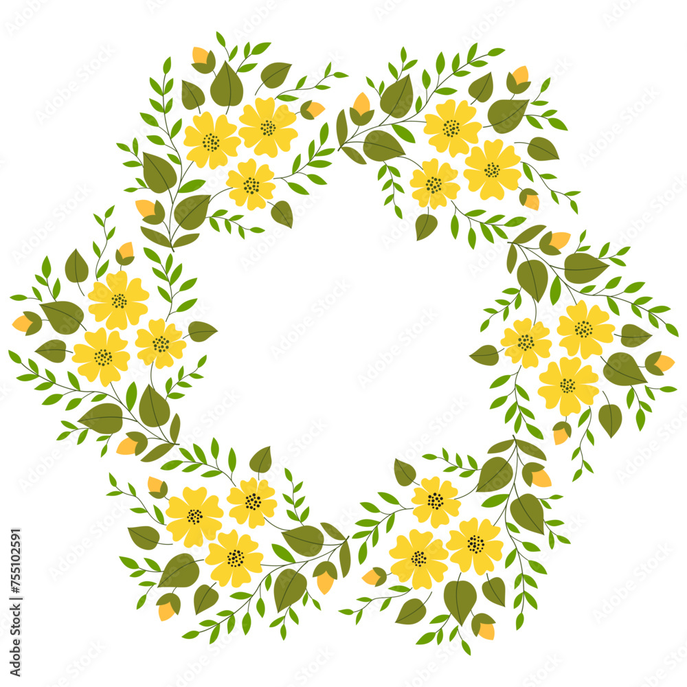 Frame with yellow flowers and green leaves. Delicate spring bouquet. Floral circular ornament. Plant composition. Summer mandala. Design of flower garlands. Place for your text. Printable home decor.