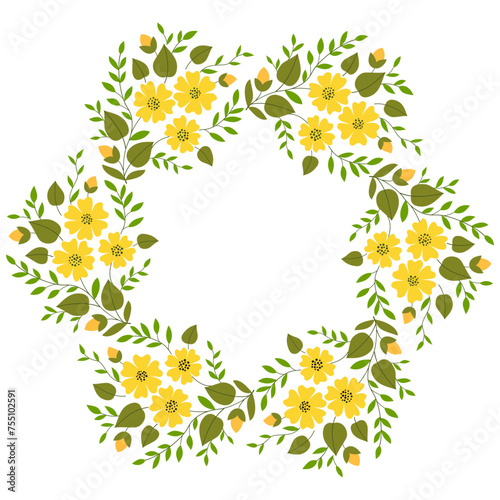 Fototapeta Naklejka Na Ścianę i Meble -  Frame with yellow flowers and green leaves. Delicate spring bouquet. Floral circular ornament. Plant composition. Summer mandala. Design of flower garlands. Place for your text. Printable home decor.