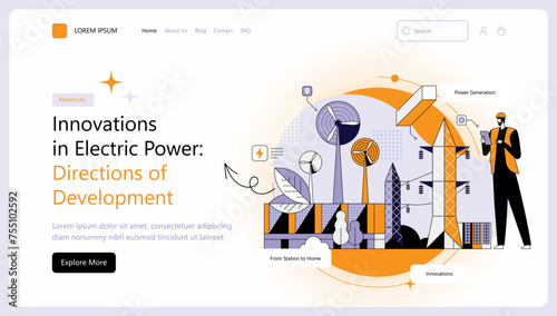 An engineer observes the operation of power plant and virtual data Electricity transmission towers Solar and wind clean energy Vector illustration for websites landing pages mobile posters and banners