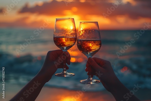 In a picturesque beach setting, hands clink wine glasses in a celebratory toast over the glistening sea, symbolizing a moment of bliss and contentment by the shore