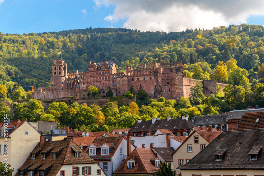 The medieval castle complex above the old town Altstadt of the Bavarian city of Heidelberg Germany at autumn.	