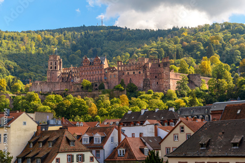 The medieval castle complex above the old town Altstadt of the Bavarian city of Heidelberg Germany at autumn.	 photo