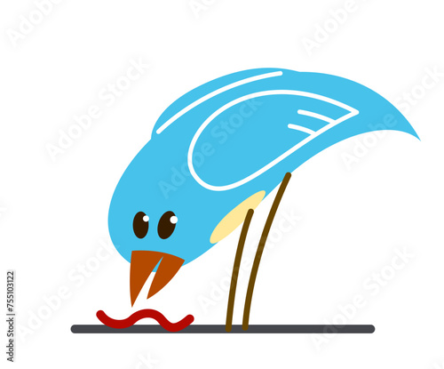 Little cute bird hunting on worm eats it funny cartoon flat vector illustration isolated on white.