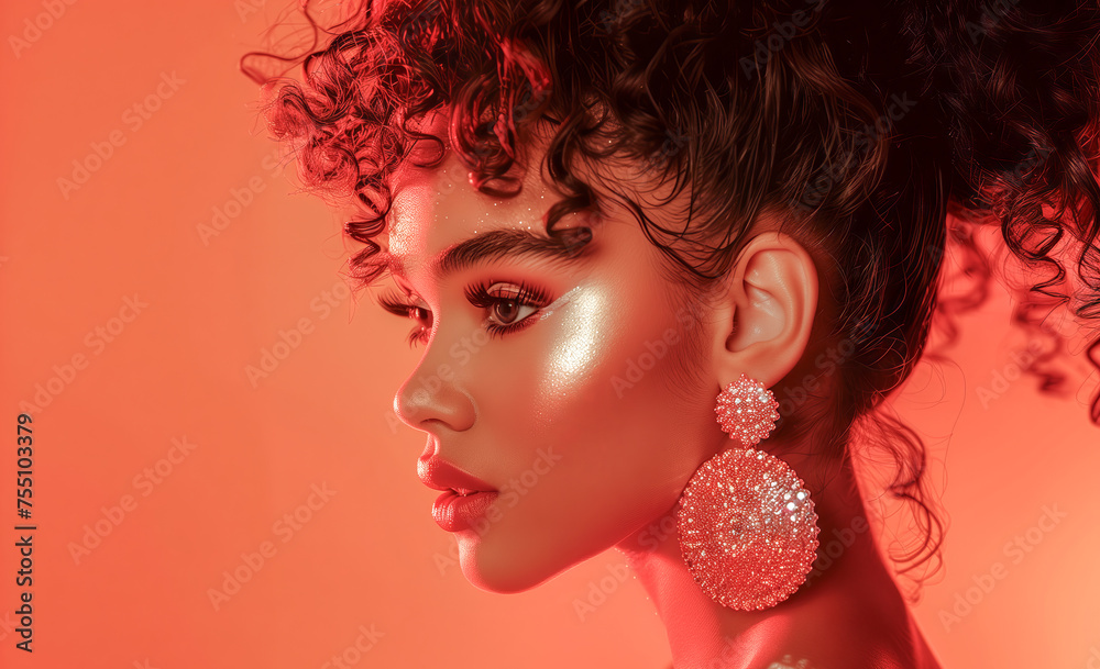 Beautiful girl. Fashionable and stylish woman in trendy jewelry big earrings. Curly ponytail hairstyle. Fashion look, beauty and style. Natural makeup and cosmetics