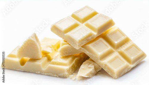 big set of white chocolate pieces broken chunks isolated on white background