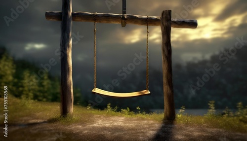 a wood swing is hanging over ground beside wood pole