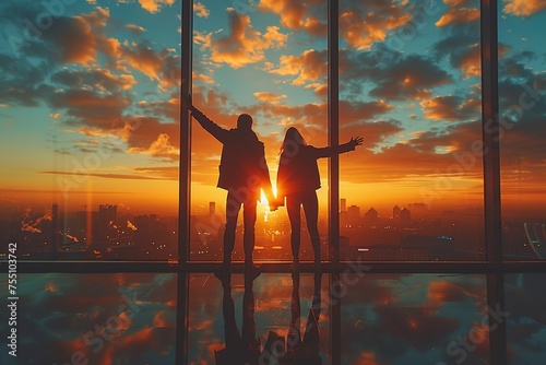 As the sun sets on another successful day, silhouettes of business partners stand tall at the peak of a building, their figures outlined against the colorful sky as they celebrate their triumphs