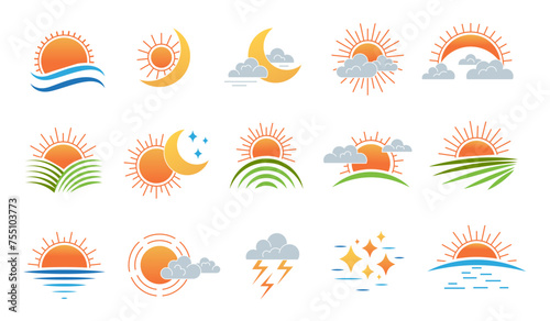 Rising sun. Stars moon and setting sun in clouds recent vector symbols of day and night