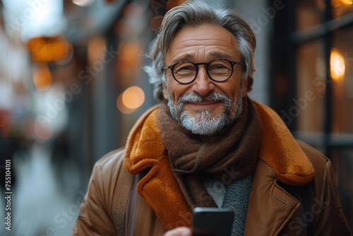 In a demonstration of modern communication methods, a mature businessman smiles while sending a voice message on his phone, showcasing the adaptability of professionals in the digital age