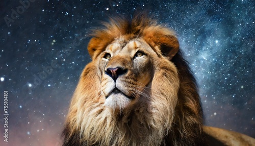 african lion looking up on stars at night proud dreaming fantasy leo on dark dramatic deep starry sky background abstract ghostly portrait of majestic king of animals © Claudio