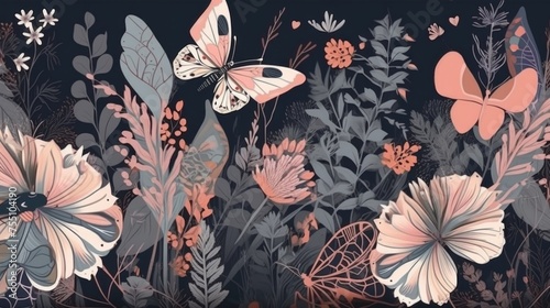 Seamless pattern, beautiful boho butterflies with wild flowers, pastel colors, seamless wallpaper. AI generative.