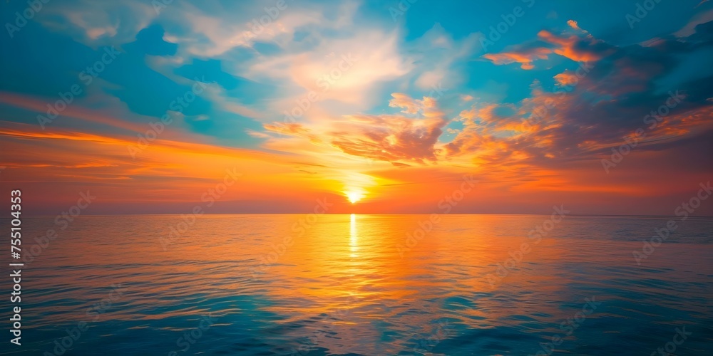 Mesmerizing sunset at beach vivid orange and blue hues paint the sky over a calm sea. Concept Beach Sunset, Vibrant Colors, Ocean Views, Serene Atmosphere, Nature Photography
