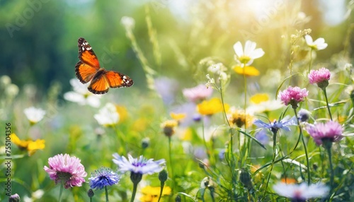 beautiful blurred spring summer background nature with blooming wildflowers wild flowers in grass and butterflies soaring in nature in rays of sunlight close up spring summer natural landscape