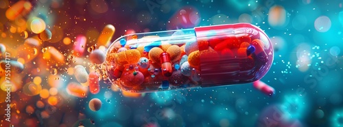 A capsule bursts with vibrant red contents against a bokeh blue background, depicting the energy and power of vitamins in health and wellness.