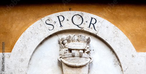 Marble bearing the inscription that most represents ancient Rome, S.P.Q.R., an acronym for senatus populusque romanus, which ,translated from Latin means the Roman senate and people photo
