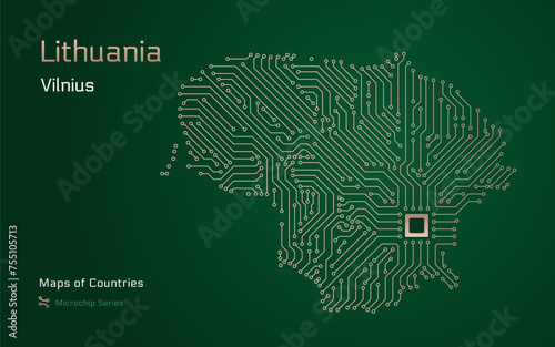 Adobe Illustrator ArtworkLithuania Map with a capital of Vilnius Shown in a Microchip Pattern. E-government. World Countries vector maps. Microchip Series