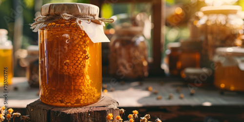 A honey jar with a distinctive honeycomb pattern and a small flower decoration on a table with other jars photo
