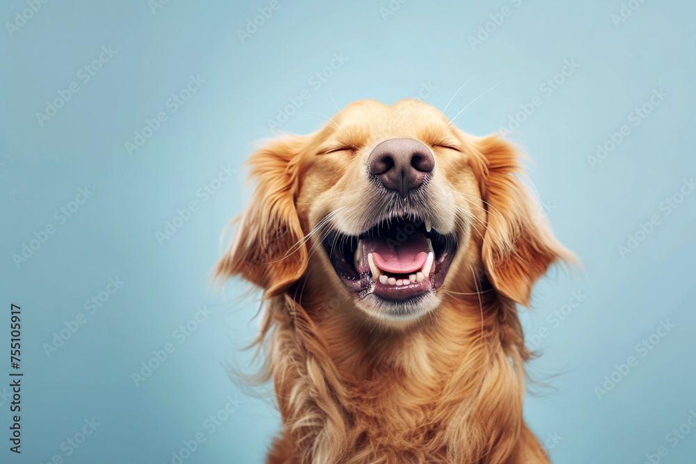 A Golden Retriever appears to be smiling broadly, with its eyes closed in apparent delight, set against a soothing blue backdrop, capturing a moment of pure canine happiness - Generative AI