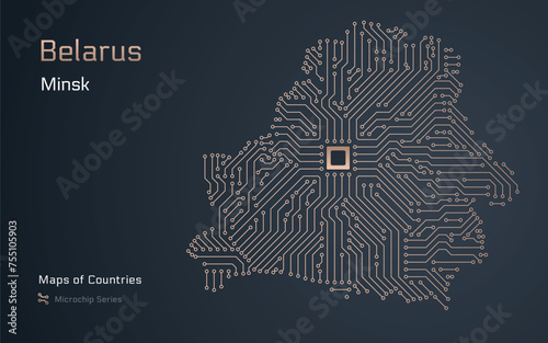 Belarus Map with a capital of Minsk Shown in a Microchip Pattern. E-government. World Countries vector maps. Microchip Series	