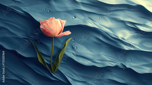 a pink flower floating on top of a body of water with a drop of water on the bottom of it. photo