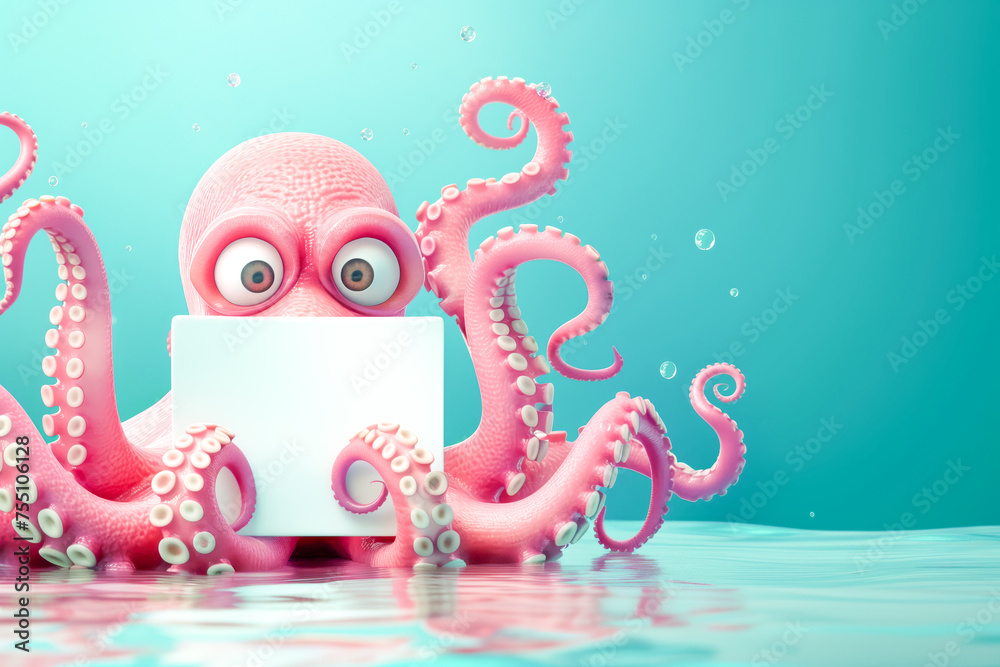 Cute pink octopus 3d cartoon with blank sign in his tentacles underwater Cute pink octopus 3d cartoon with blank sign in his tentacles underwater
