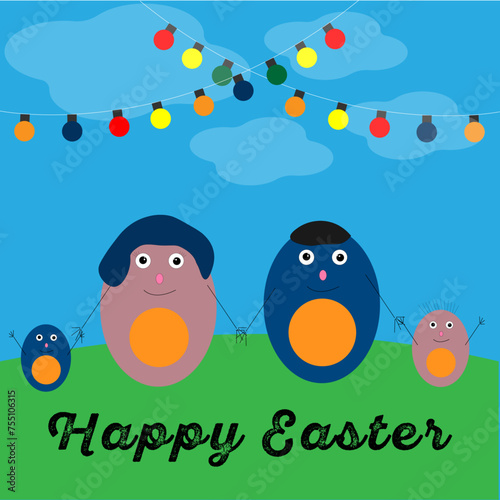 Easter, family, holiday, eggs, garlands, dad, mom, girl, boy, son, daughter, glade, sky, cloud, joy, happiness