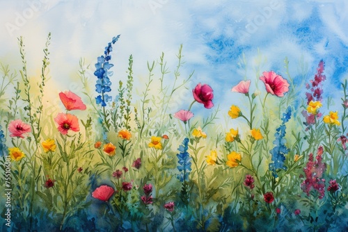 watercolor painting of Texas wildflowers swaying in the breeze.