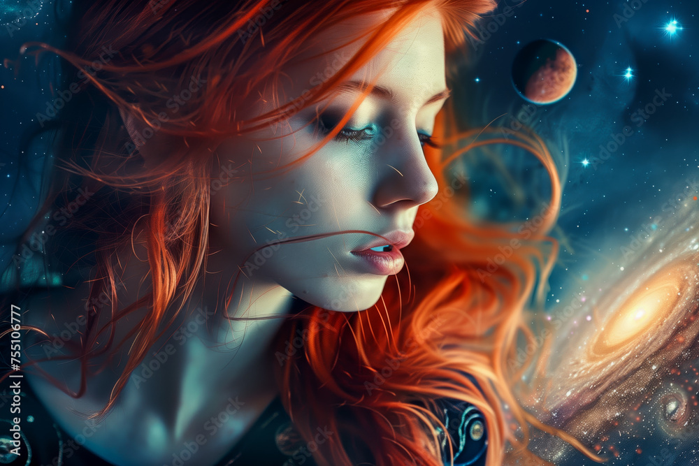 Fantasy style image of a beautiful red haired woman in front of the space with stars and planets Fantasy style image of a beautiful red haired woman in front of the space with stars and planets