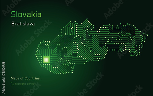 Slovakia, Map with a capital of Bratislava Shown in a Microchip Pattern. E-government. World Countries vector maps. Microchip Series 