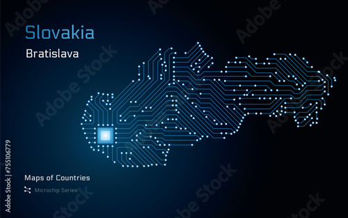 Slovakia, Map with a capital of Bratislava Shown in a Microchip Pattern. E-government. World Countries vector maps. Microchip Series 