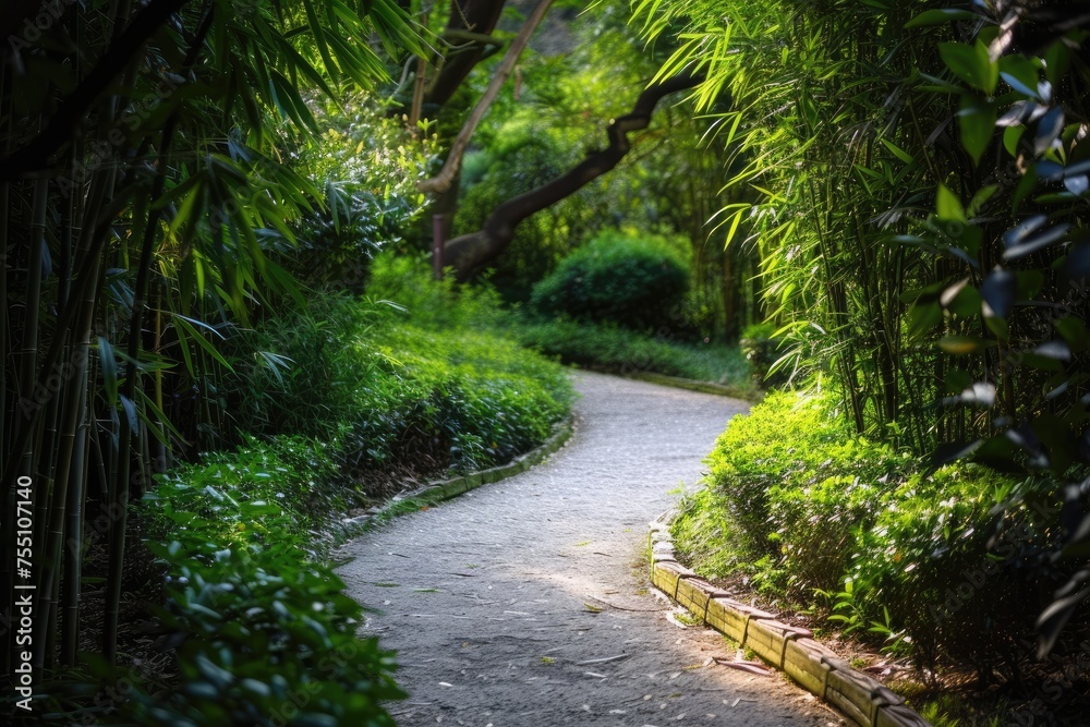 winding path through a serene bamboo forest. winding path through a serene bamboo forest.