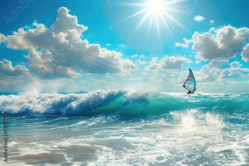 windsurfer catching a big wave during a bright and sunny day.