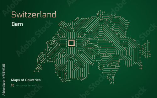 Switzerland, Map with a capital of Bern Shown in a Microchip Pattern. E-government. World Countries vector maps. Microchip Series	