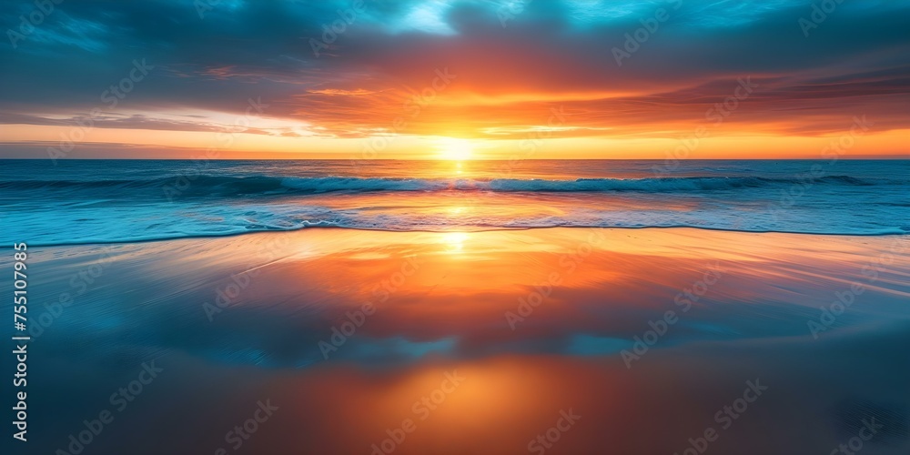 Serene Sunset at the Beach: Warm orange and blue hues embrace the tranquil sea. Concept Sunset Photography, Beach Scenery, Orange Blue Color Scheme, Serene Atmosphere, Tranquil Sea
