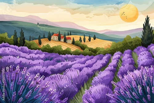 Blooming lavender field under the strong, summer sun.