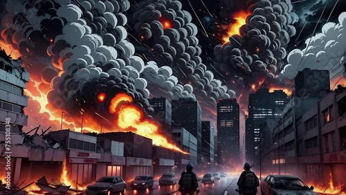 The apocalypse scene behind the ruined houses blazing, explosions and fire. A city in ruins, a scene of war or armageddon. AI illustrations transformations and metamorphose. AI generated video
