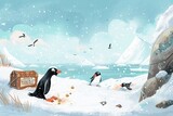 Illustrate a charming scene of a curious penguin discovering a hidden treasure 
