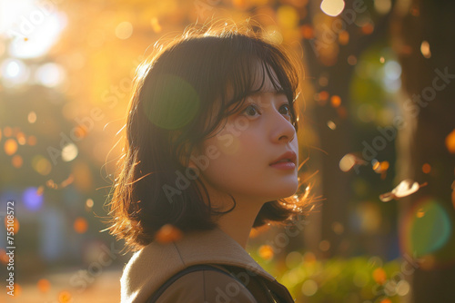 アジア人の女の子(日本人、秋、冬、美容、ファッション、青春、学生、若い、紅葉、広告、写真、コスメ、美少女) Generative AI