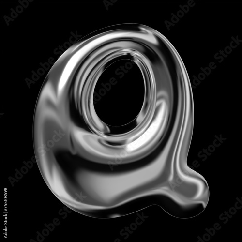 3D chrome letter Q of English alphabet, Y2K retro typeface with inflated balloon bubble font style, liquid metal texture, glossy shiny fluid surface, vector isolated