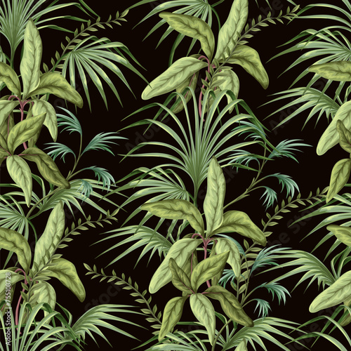 Seamless pattern with exotic trees  leaves and flowers. Vector.