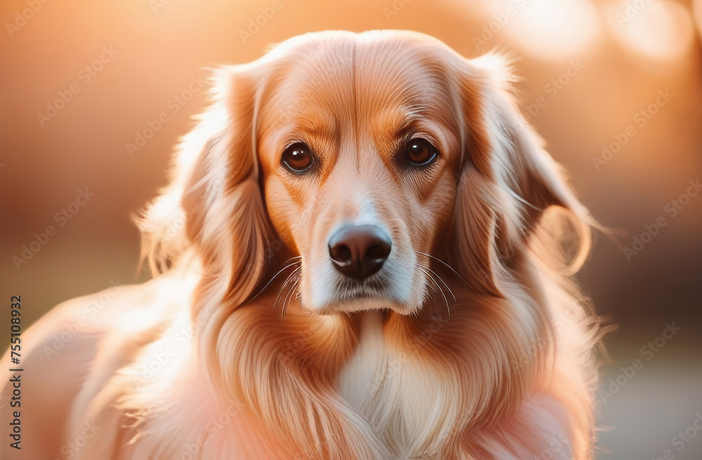 Portrait of a beautiful fluffy peach-colored dog. Close-up, looking at the camera. Shade of delicate Pantone peach.