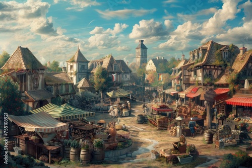 Charming panorama of a rural town during a town fair.