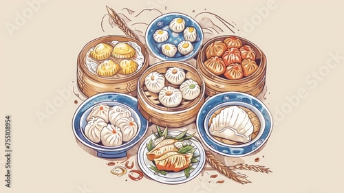 A drawing of a variety of Asian food, including dumplings and other dishes