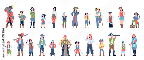 Adults and children pirates characters. Girls, boys wear carnival costumes. Street theater performers in amusement park. Sea adventures recent vector set