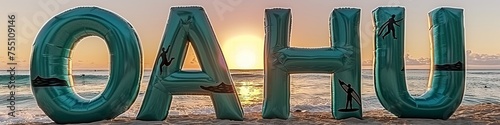 Bold 3D Text of Oahu with Sunset Beach Background for Travel and Tourism Marketing