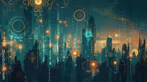 City skyline gears and data streams, highlighting the interconnectedness of technology and finance. photo