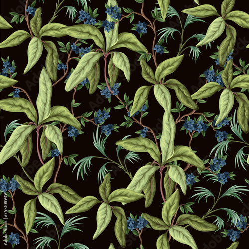Seamless pattern with exotic trees  leaves and flowers. Vector.
