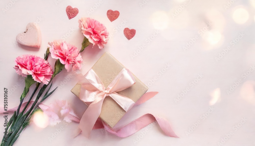 top view , Banner with delicate pink and white flowers with a blue gift box on a red background