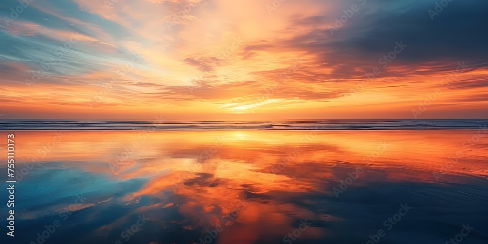 Mesmerizing sunset over beach with warm orange and blue hues. Concept Beach Sunset, Warm Tones, Orange and Blue Colors, Mesmerizing view